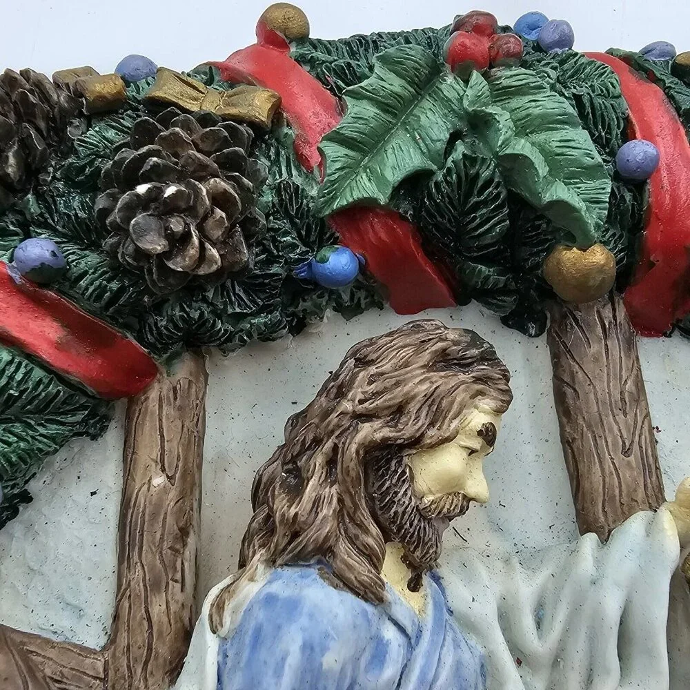 Vintage Nativity Scene Jesus in Manger Wall Hanging Wreath Christmas Door Decor